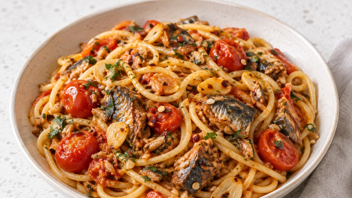 Pasta med sardiner og cherrytomater. AI-genereret serveringsforslag.