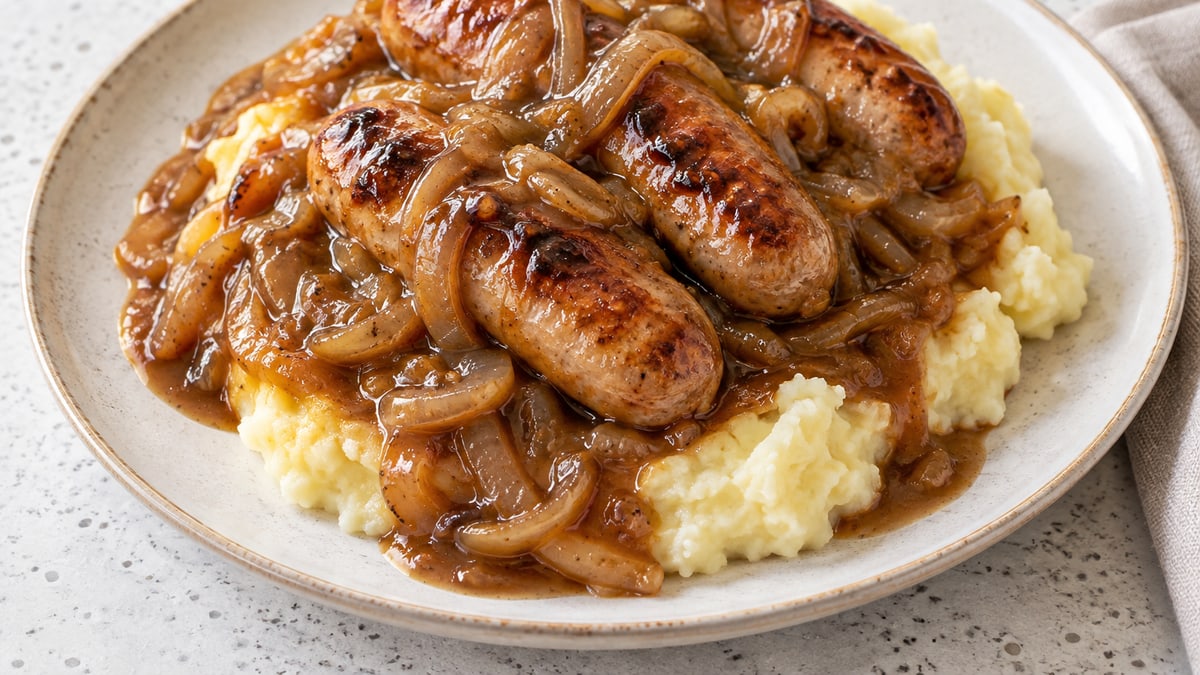 Pølser og kartoffelmos med løgsauce. AI-genereret serveringsforslag.