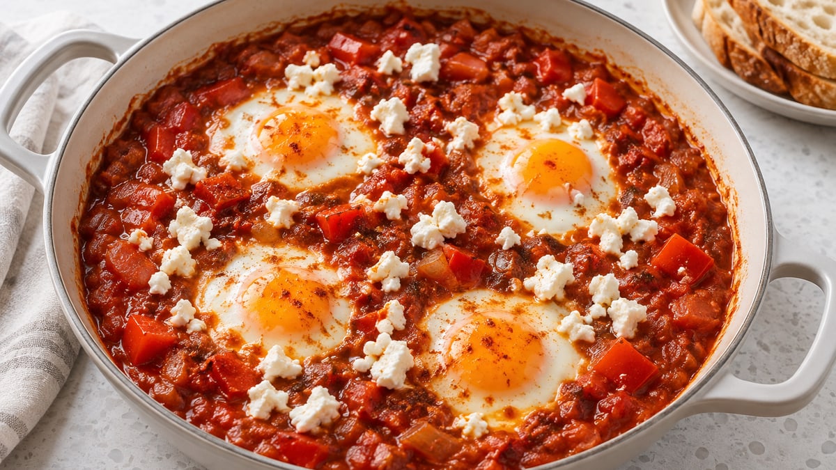 Shakshuka med feta. AI-genereret serveringsforslag.