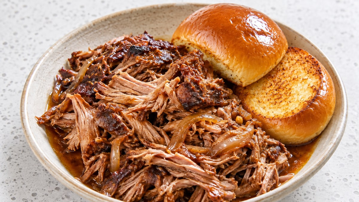 Langtidsstegt pulled pork. AI-genereret serveringsforslag.