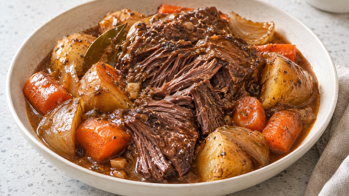 Grydesteg i slow cooker. AI-genereret serveringsforslag.