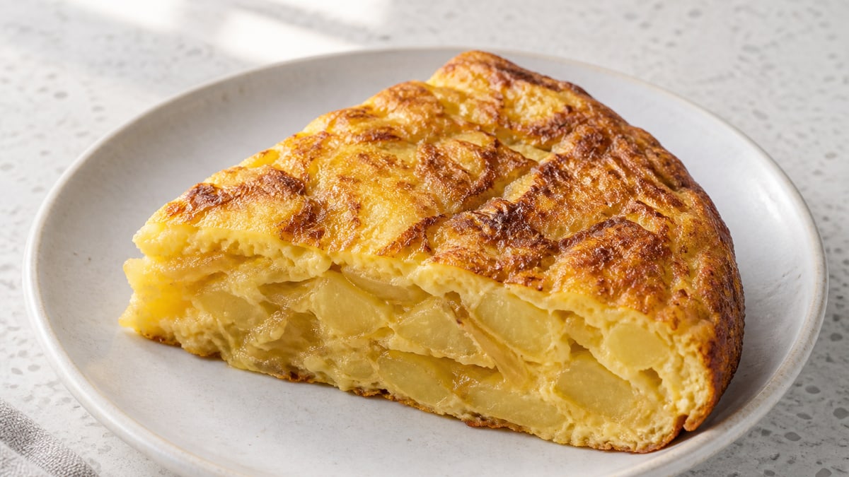 Spansk kartoffeltortilla. AI-genereret serveringsforslag.