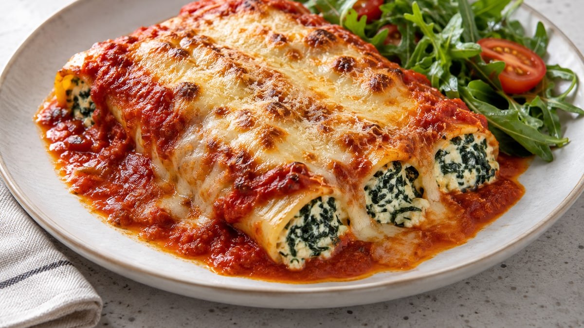 Cannelloni med spinat og ricotta. AI-genereret serveringsforslag.
