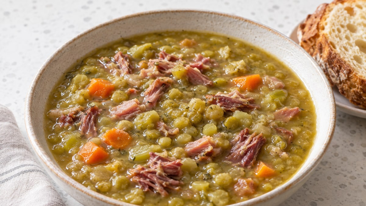Flækærtesuppe med skinke. AI-genereret serveringsforslag.