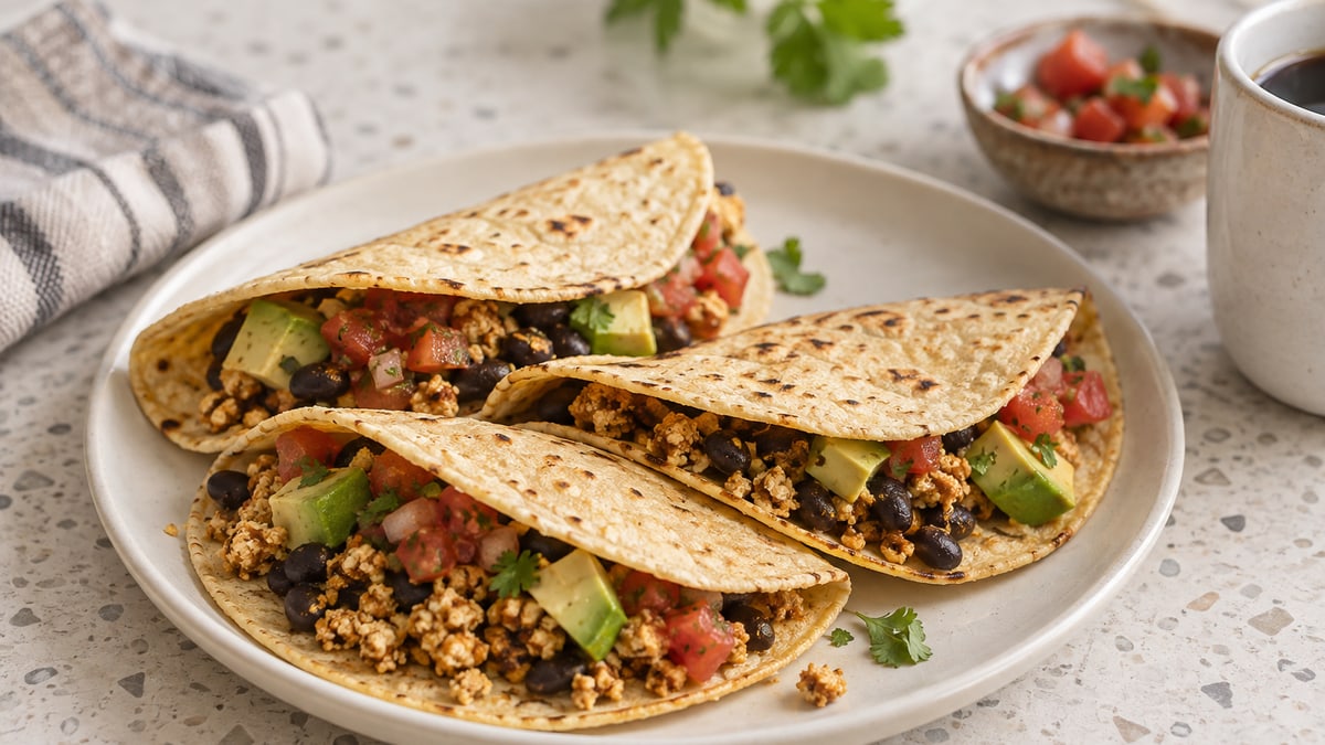Morgenmadstacos med røræg af tofu. AI-genereret serveringsforslag.