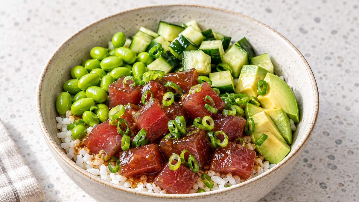 Poke bowl med tun. AI-genereret serveringsforslag.