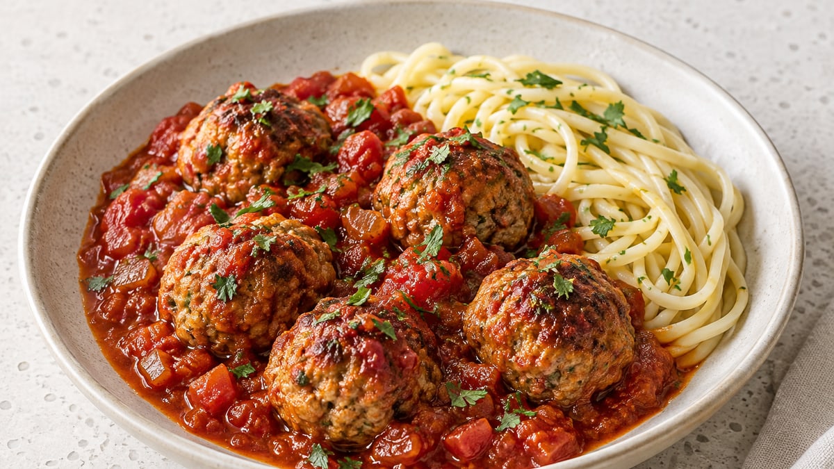 Babcios kalkunkødboller i tomatsauce. AI-genereret serveringsforslag.