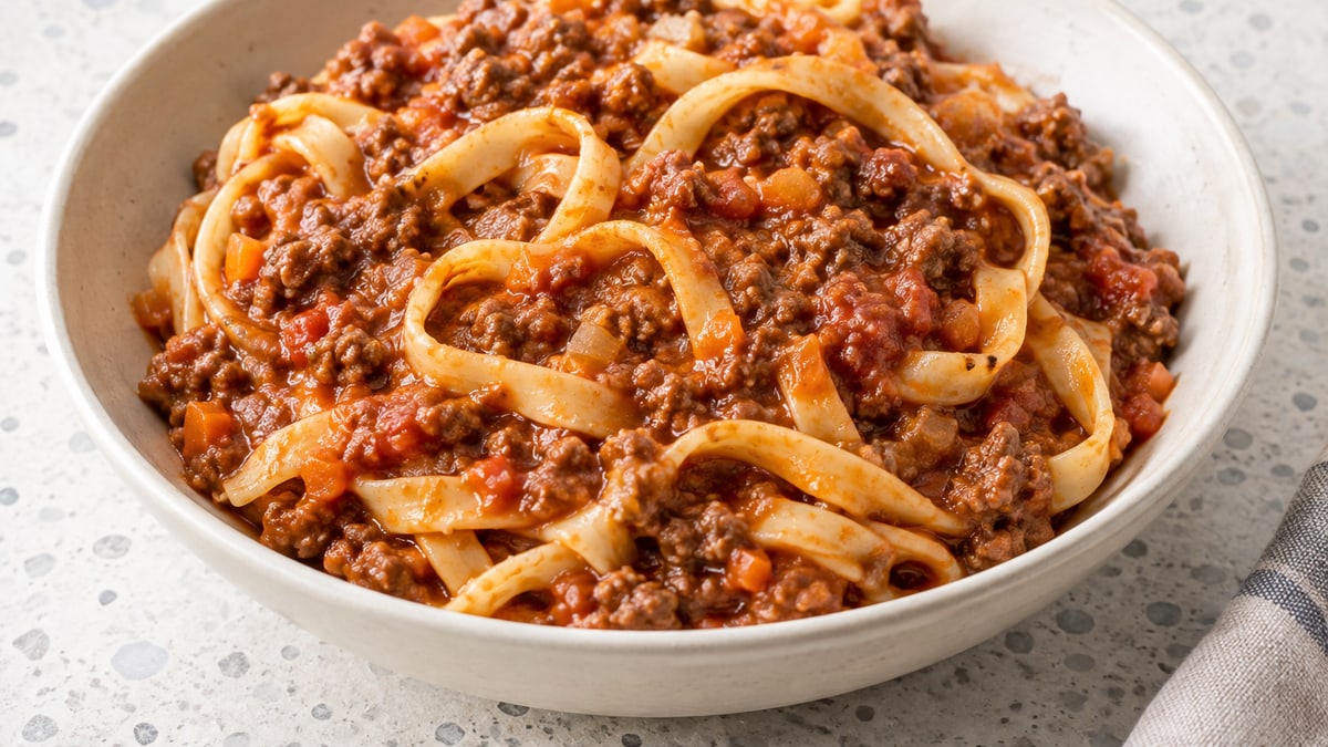 Hverdagsbolognese. AI-genereret serveringsforslag.