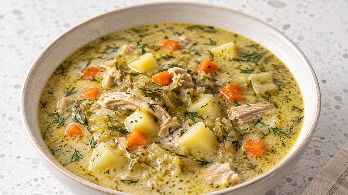 Zupa ogórkowa (polsk suppe med sylteagurker). AI-genereret serveringsforslag.